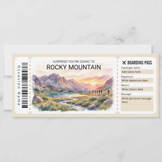 Rocky Mountain Reise Bordkarte Ticket Einladung (Vorderseite)