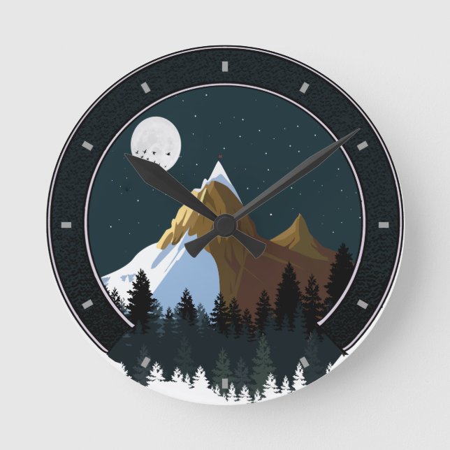 Rocky Mountain Snow Moon Pine Trees Runde Wanduhr (Vorderseite)