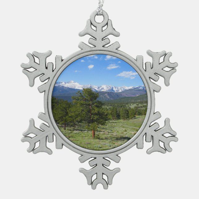 Rocky Mountain View Landschaftliche Landschaft Schneeflocken Zinn-Ornament (Vorderseite)