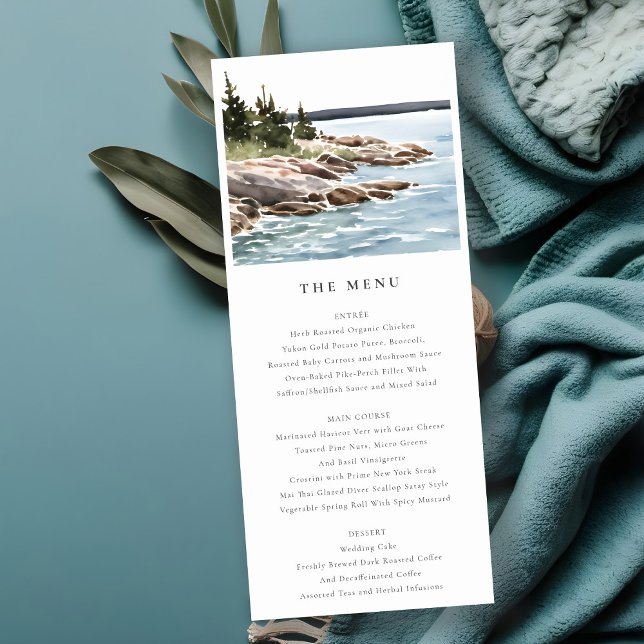 Rocky Pine Mountain Seascape Wedding Menu Card Einladung (Von Creator hochgeladen)