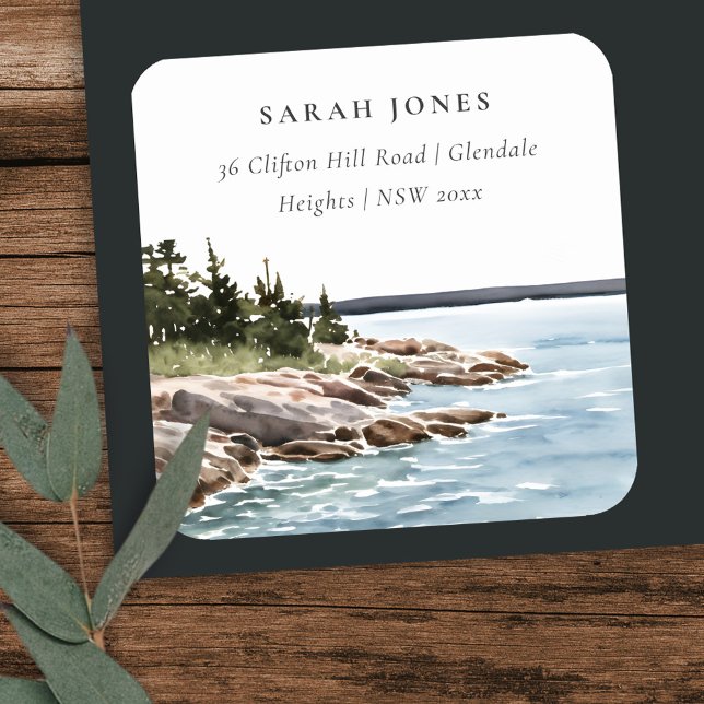 Rocky Pine Mountain Wassercolor Seascape Adresse Quadratischer Aufkleber (Von Creator hochgeladen)