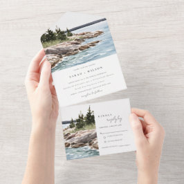Rocky Pine Mountain Wasserfarbe Seascape Hochzeit All In One Einladung