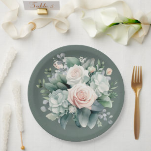 Rocky River Deep Green Blush Pink Roses Dusche Pappteller