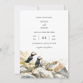 Rocky Shoreline mit Puffins Couple Beach Wedding Einladung