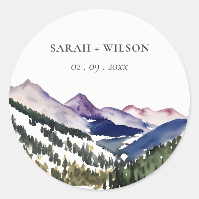 Rocky Snow Mountain Wasserfarbenwelt Hochzeit Runder Aufkleber (Vorderseite)