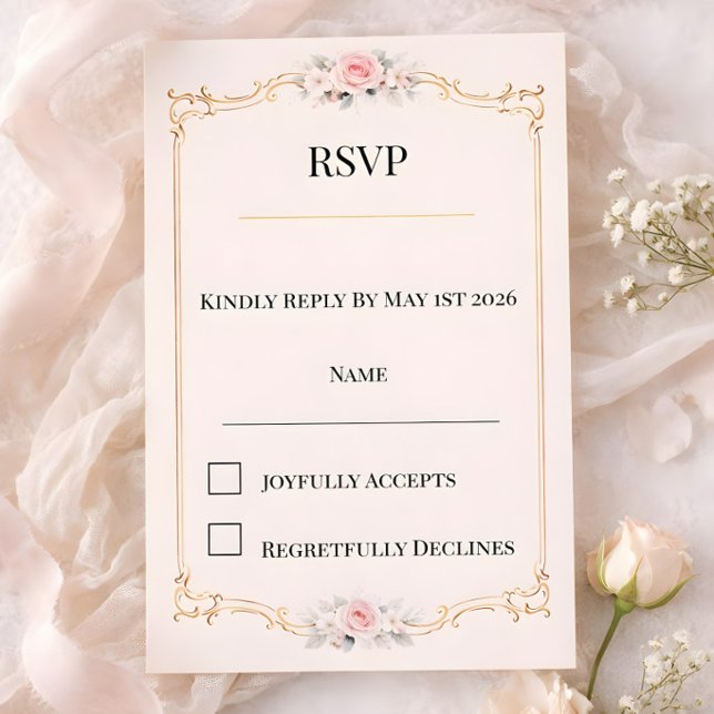 Rococco Blush  (Rococco style luxury blush pink with gold ornate floral design RSVP card)