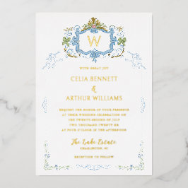 Rococo Blaue Monogramm-Wappen-Hochzeit Folieneinladung