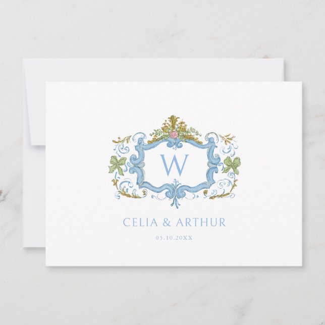 Rococo Blaues Monogrammwappen Hochzeit  Dankeskarte (Vorderseite)