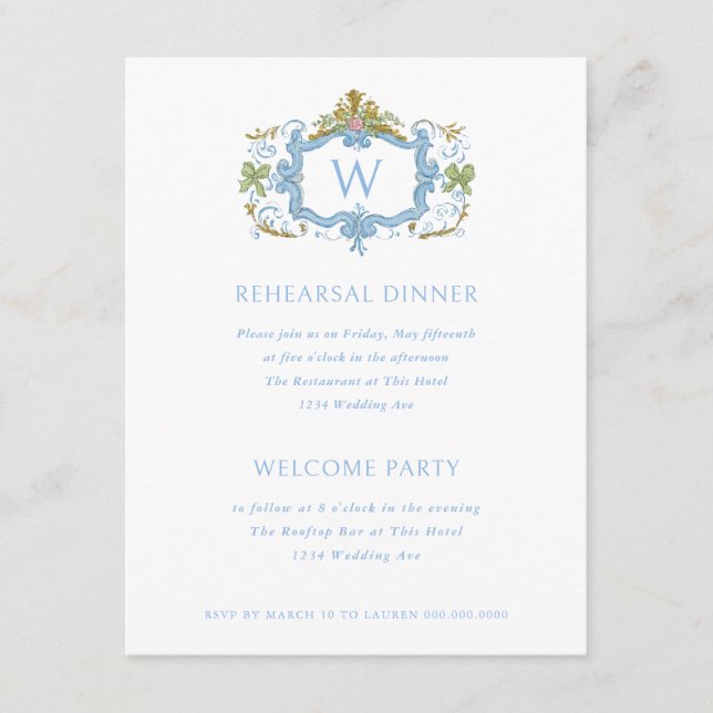 Rococo Blue Monogram Crest Rehearsal Dinner Einladung (Vorderseite)