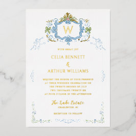 Rococo Blue Monogram Crest Wedding Folieneinladung