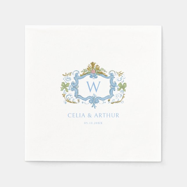 Rococo Blue Monogram Crest Wedding  Serviette (Vorderseite)