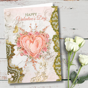 Rococo-Blüten-Herz-Galentine-Spitze-Eleganz Feiertagskarte