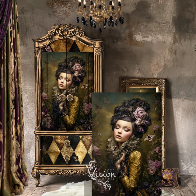 Rococo Buzz Moody Victorian Portrait & Floral Art Seidenpapier (Rococo Buzz Victorian Woman Portrait, Baroque Bee & Floral Decoupage Tissue Paper)