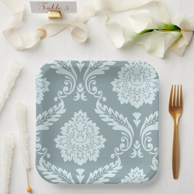Rococo Damask Art I Duck Egg Blue+Teal Pappteller (Hochzeit)