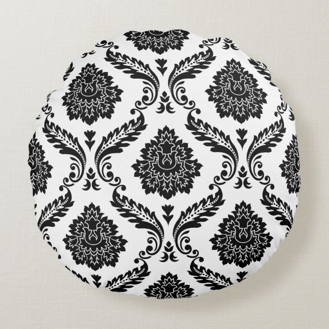 Rococo Damask Big Pattern Black on White Rundes Kissen (Vorderseite)