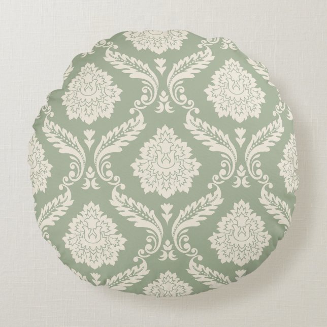 Rococo Damask Big Pattern Cream on Green Rundes Kissen (Vorderseite)