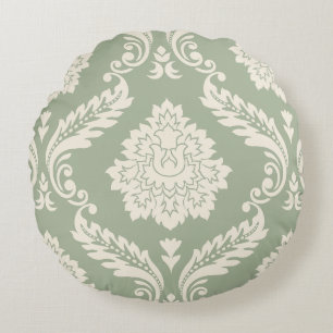 Rococo-Damask großes Muster Creme auf Grün Rundes Kissen