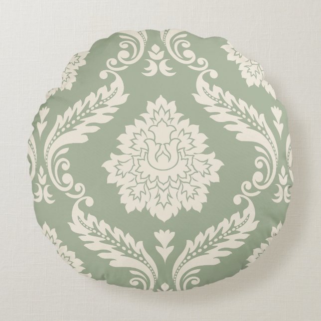 Rococo-Damask großes Muster Creme auf Grün Rundes Kissen (Vorderseite)