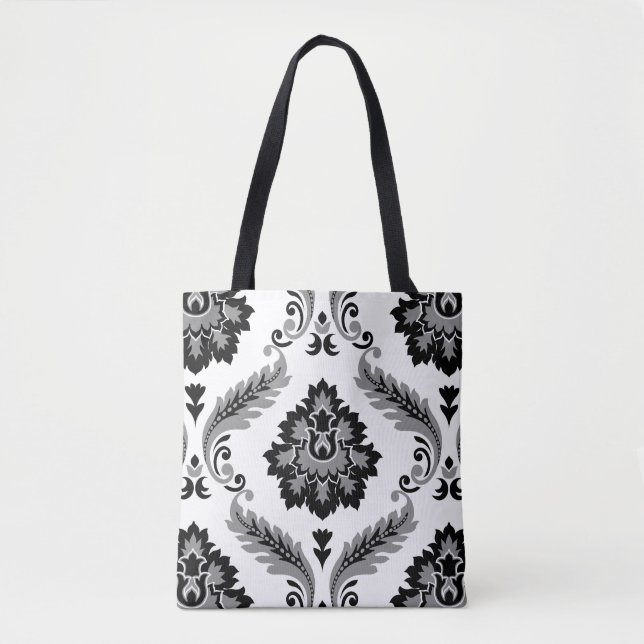 Rococo-Damask großes Muster Grau Schwarz Weiß (Vorderseite)