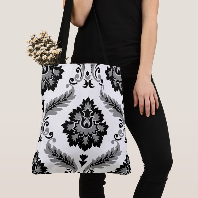 Rococo-Damask großes Muster Grau Schwarz Weiß (Von Nahem)