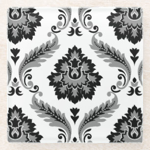 Rococo-Damask großes Muster Grau Schwarz Weiß Glasuntersetzer