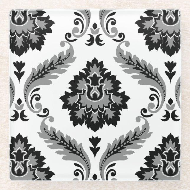 Rococo-Damask großes Muster Grau Schwarz Weiß Glasuntersetzer (Vorderseite)