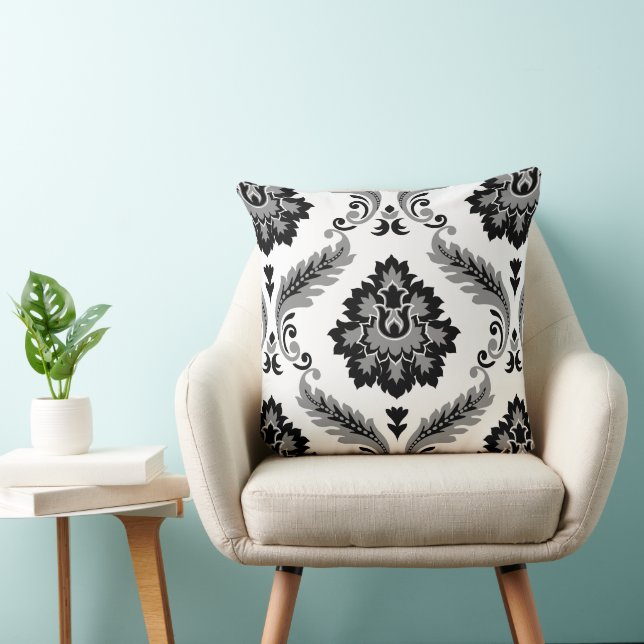 Rococo-Damask großes Muster grau schwarz weiß Kissen (Stuhl )
