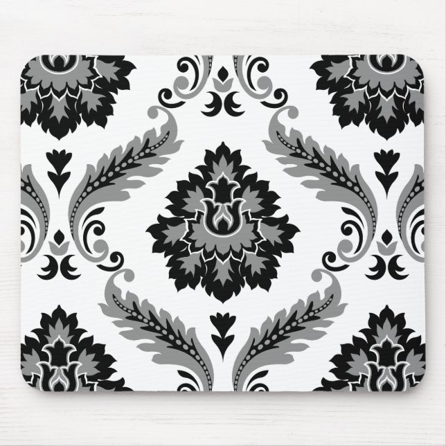 Rococo-Damask großes Muster Grau Schwarz Weiß Mousepad (Vorne)