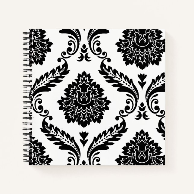 Rococo Damask Lg Off-Set Pattern Black on White Notizbuch (Vorderseite)