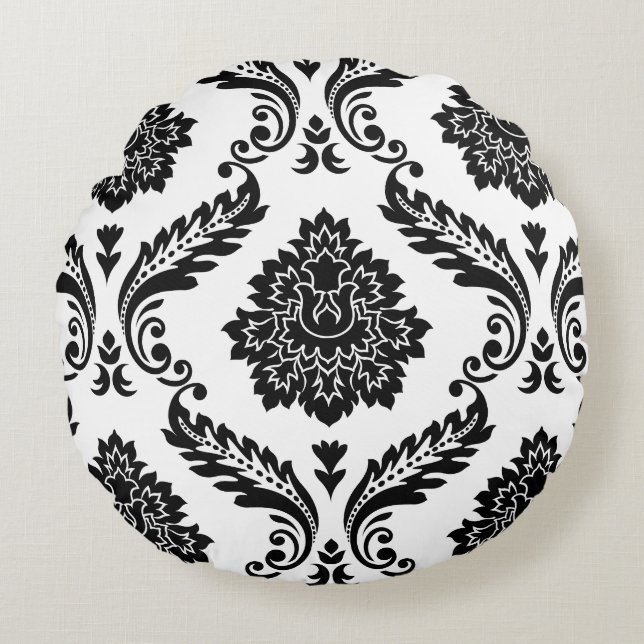 Rococo Damask Lg Pattern Black on White Rundes Kissen (Vorderseite)