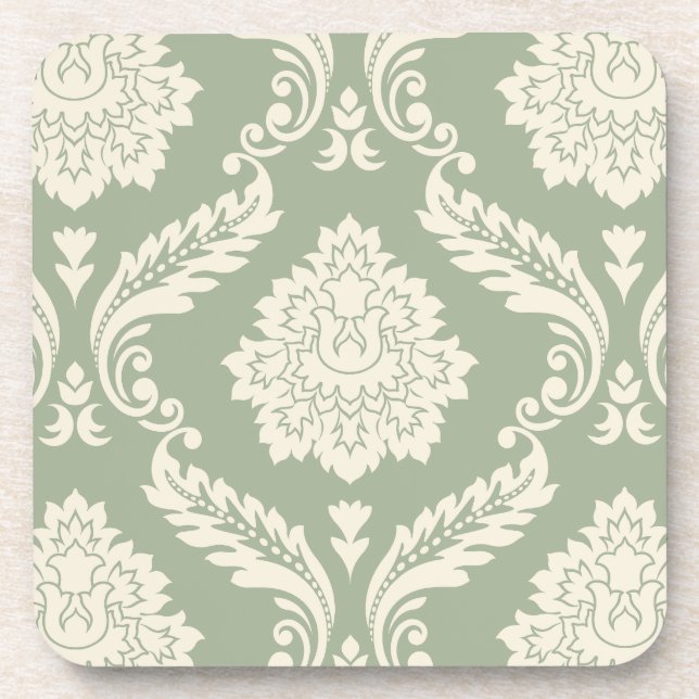 Rococo Damask Lg Pattern Cream on Green Getränkeuntersetzer (Vorderseite)