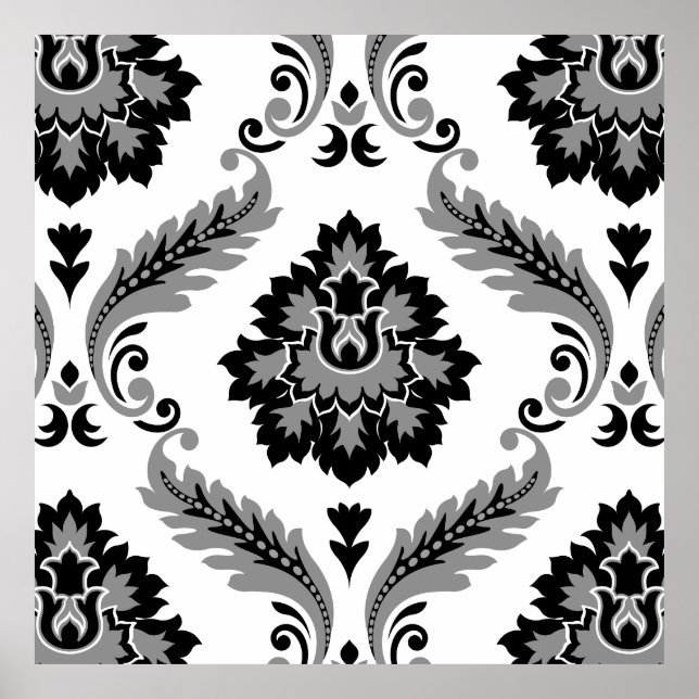 Rococo Damask Lg Pattern Grey Black White Poster (Vorne)