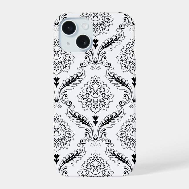 Rococo-Damask-Linienmuster Schwarz auf Weiß iPhone 15 Hülle (Rückseite)