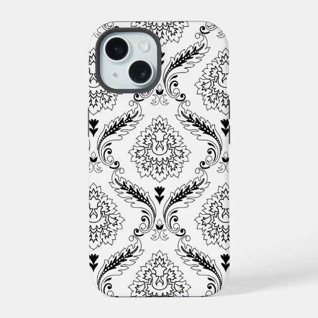 Rococo-Damask-Linienmuster Schwarz auf Weiß iPhone 15 Hülle (Rückseite)