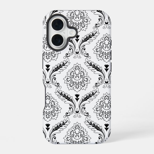 Rococo-Damask-Linienmuster Schwarz auf Weiß iPhone 16 Hülle (Rückseite)