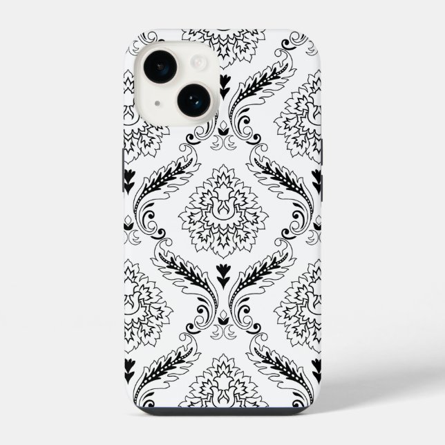 Rococo-Damask-Linienmuster Schwarz auf Weiß iPhone Hülle (Rückseite)