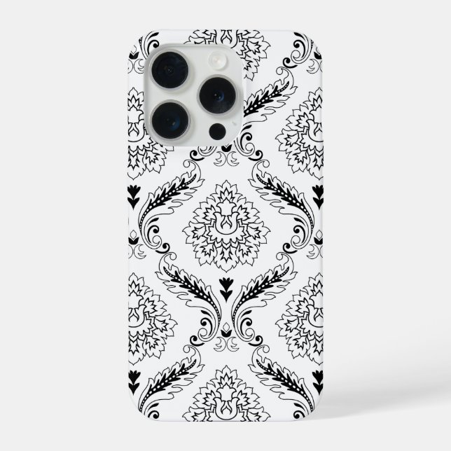 Rococo-Damask-Linienmuster Schwarz auf Weiß iPhone Hülle (Rückseite)