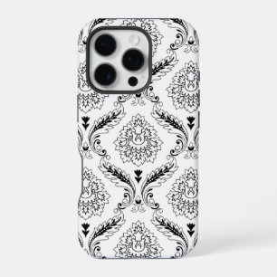 Rococo-Damask-Linienmuster Schwarz auf Weiß iPhone 16 Pro Hülle
