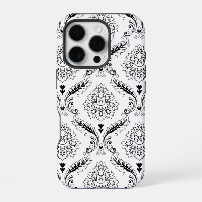 Rococo-Damask-Linienmuster Schwarz auf Weiß iPhone Hülle (Rückseite)