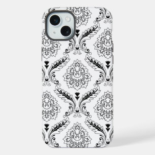 Rococo-Damask-Linienmuster Schwarz auf Weiß iPhone 15 Plus Hülle