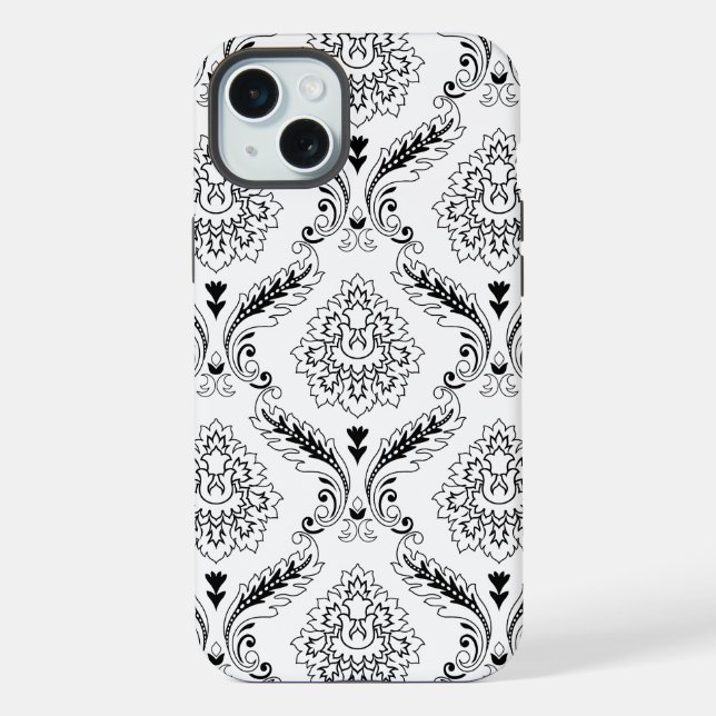 Rococo-Damask-Linienmuster Schwarz auf Weiß iPhone Hülle (Rückseite)