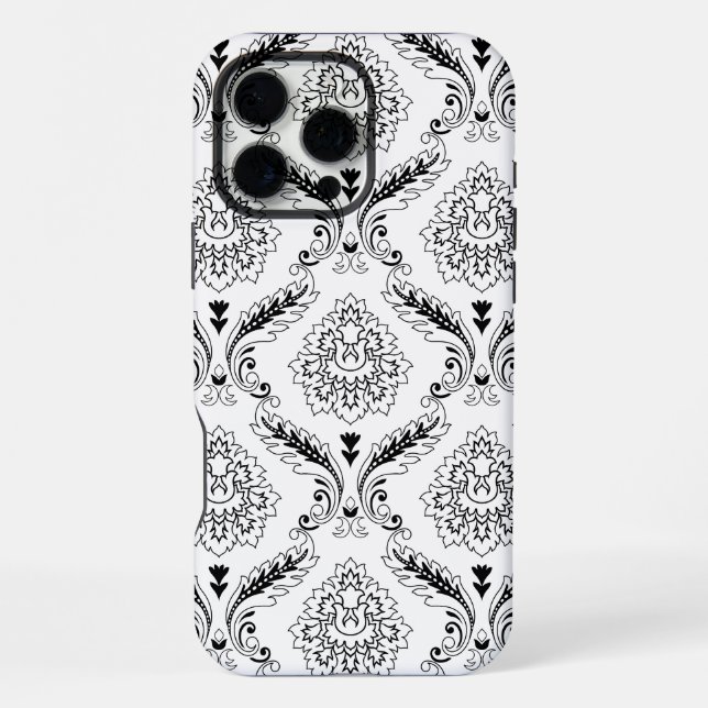 Rococo-Damask-Linienmuster Schwarz auf Weiß iPhone Hülle (Rückseite)