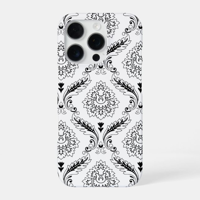 Rococo-Damask-Linienmuster Schwarz auf Weiß iPhone Hülle (Rückseite)