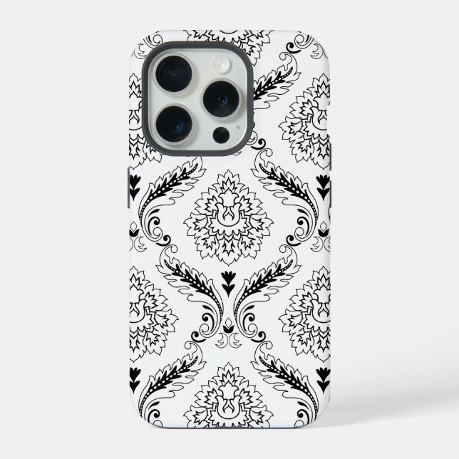 Rococo-Damask-Linienmuster Schwarz auf Weiß iPhone Hülle (Rückseite)