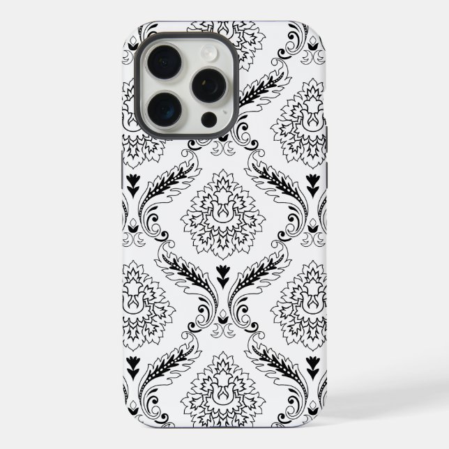 Rococo-Damask-Linienmuster Schwarz auf Weiß iPhone Hülle (Rückseite)
