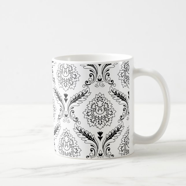 Rococo-Damask-Linienmuster Schwarz auf Weiß Kaffeetasse (Rechts)
