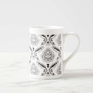 Rococo-Damask-Linienmuster Schwarz auf Weiß Prozellantasse