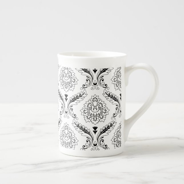 Rococo-Damask-Linienmuster Schwarz auf Weiß Prozellantasse (Rechts)