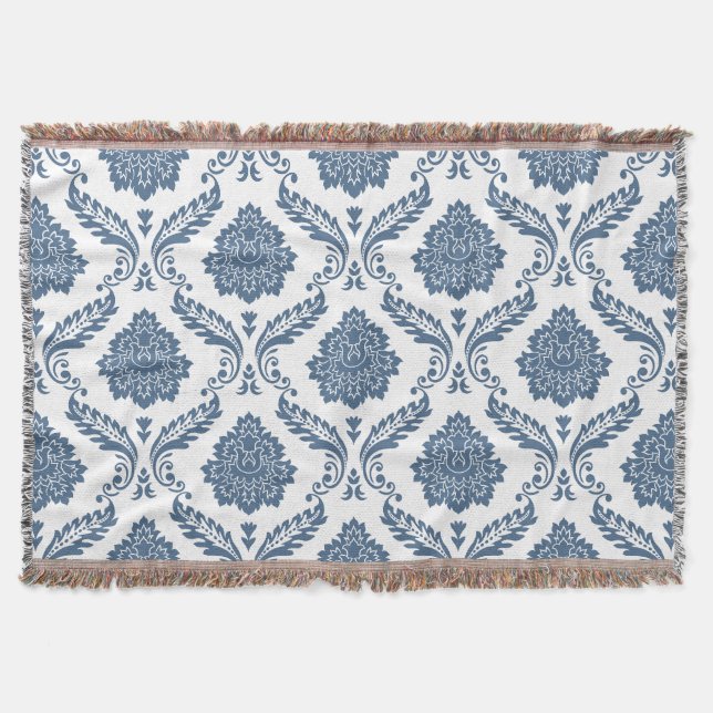 Rococo-Damask-Muster Blau auf Weiß Decke (Vorderseite)