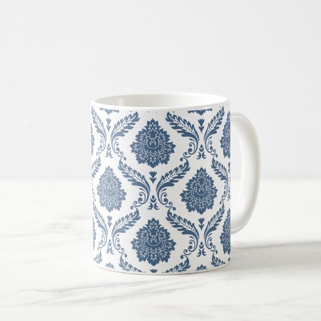 Rococo-Damask-Muster Blau auf Weiß Kaffeetasse (VorderseiteRechts)